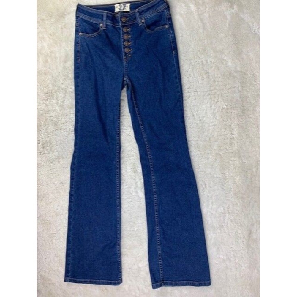 We The Free Size 27 Womens Flare Jeans Button Fly Stretch Mid Rise Dark Wash